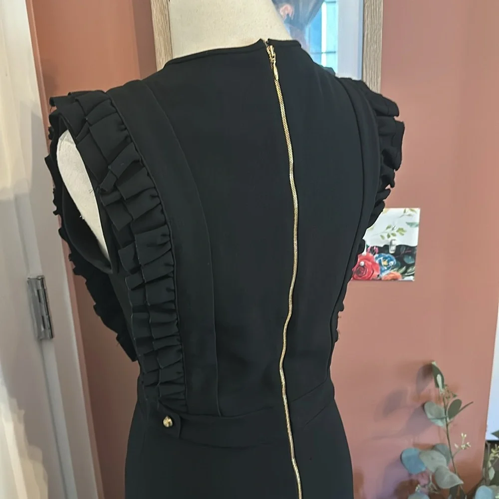Rochas black ruffles detail fit & flare back zipper sleeveless 10 midi dress - Picture 9 of 16